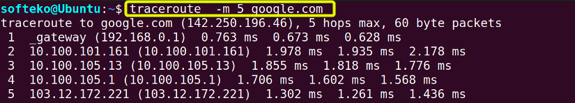 Using traceroute command -m option to fix the maximum number of hops