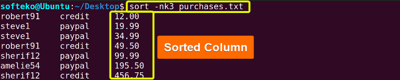 Using sort command and -n, -k options to sort in a specific key