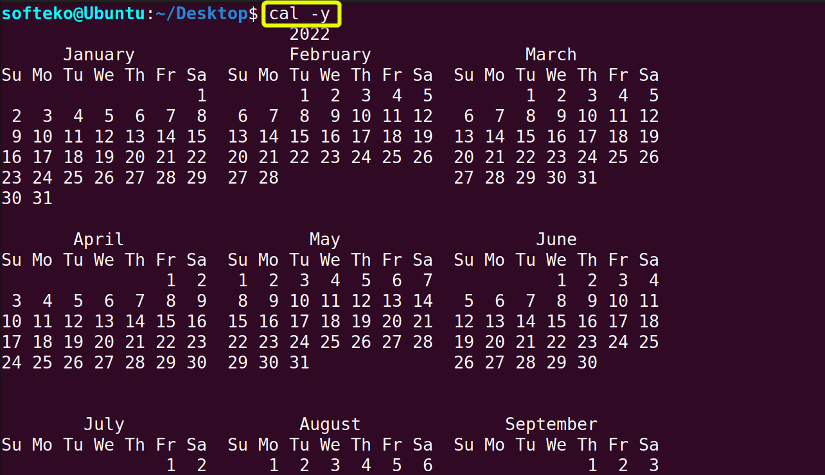 Using cal command -y option to view calender of a whole year
