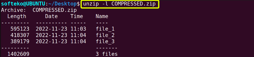 Usin unzip command -l option to view files inside a zip file