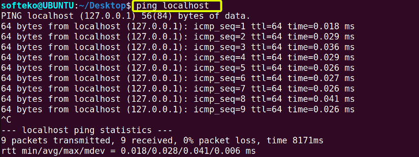 Finding ping information about local host using ping command 