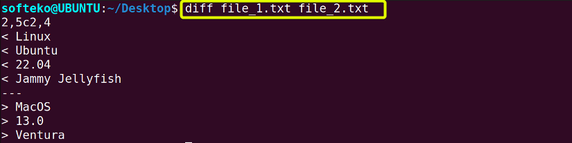 Using diff command to view the difference between 2 files