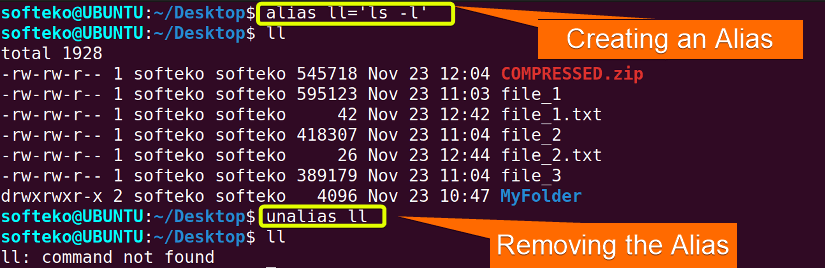 using unalias command to remove an alias