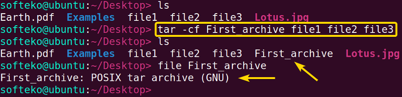 Archiving 3 files using the tar command.