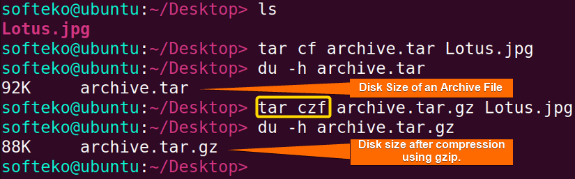 Compressing an archive file using the gzip tool.