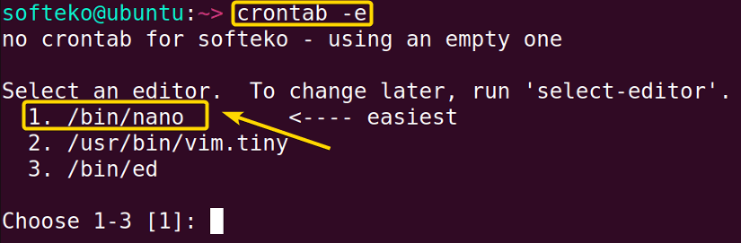Selecting editor for crontab in Linux for the first time.