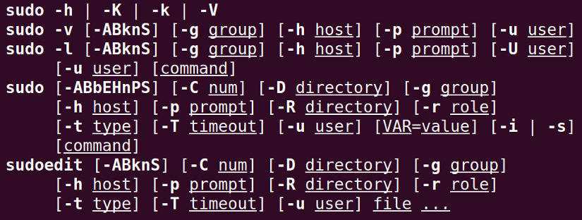 Syntax, available options and required arguments for the sudo command.