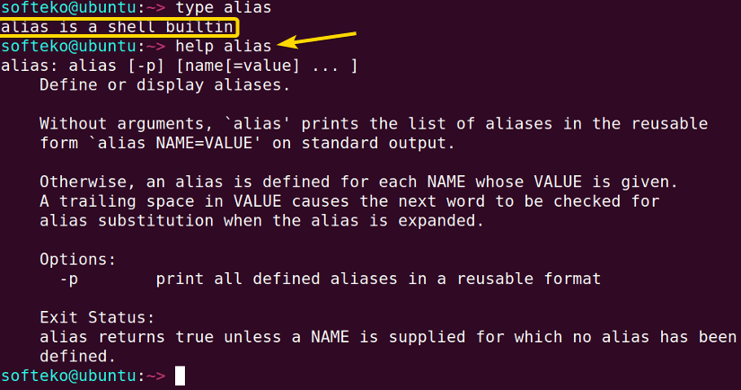 Syntax, available options and required arguments for the alias command.