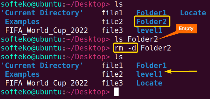 removing an empty directory using rm command.