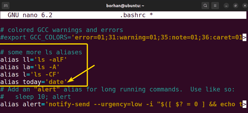 Putting alias command in .bashrc file to create permanent alias in Linux
