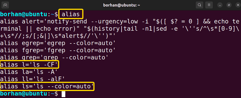 The built-in list of aliases in our machine by default