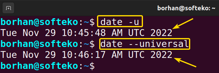 Using short and long form options for date command.
