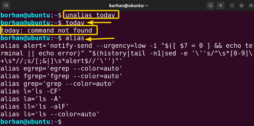 Removing alias using unalias command.