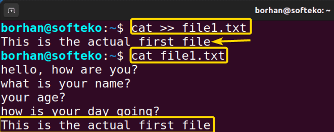 Append text to existing file using cat command in Linux