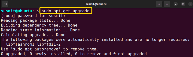 upgrading all the packages installed running sudo apt-get upgrade command