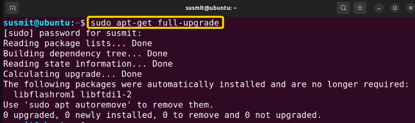 upgrading all the packages installed, removing the installed packages if needed to upgrade the whole system running sudo apt-get full-upgrade command