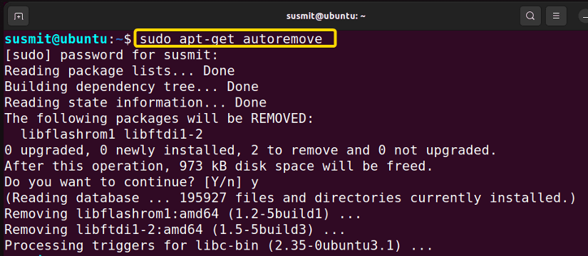 removing all the unneeded dependencies running sudo apt-get autoremove command