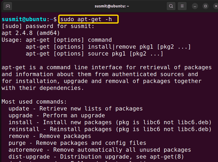 displaying short usage summary running sudo apt-get -h command