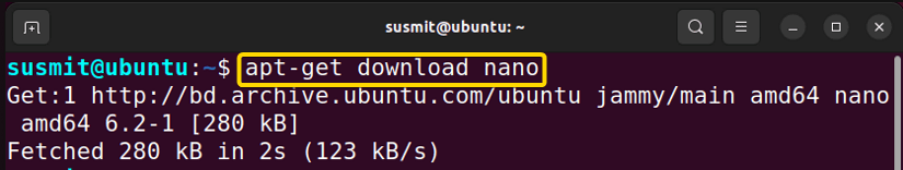 downloading the nano package running apt-get download nano command