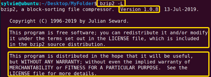 displays software version, license terms and conditions