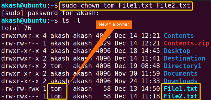 changed owner of multiple files using the chown command in linux 