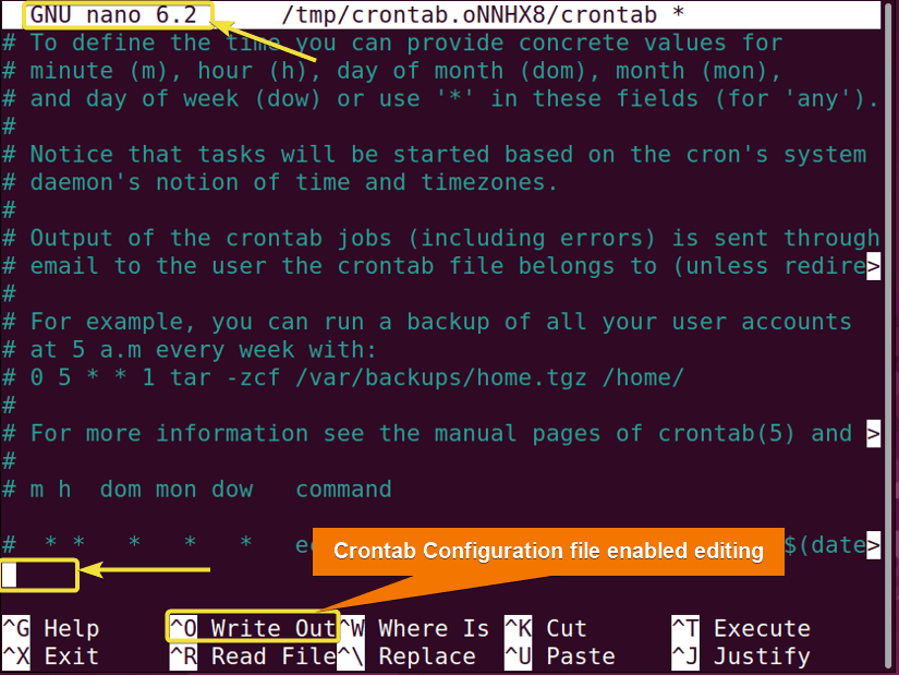 crontab file opened in the text editor nano.