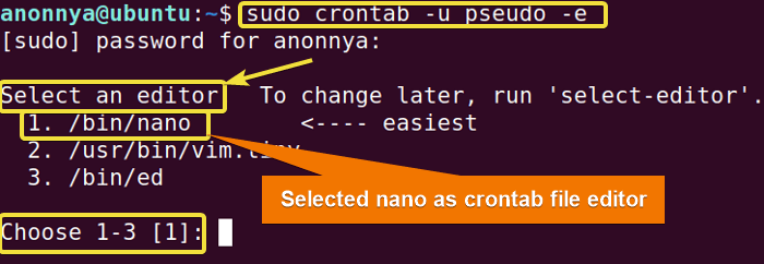 Opening other users' crontab using sudo command and choosing nano as the editor.