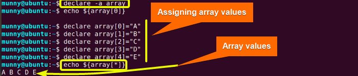 Declaring array variable in linux.