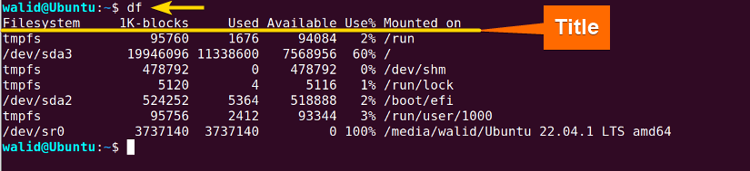 Showing disk space information using the df command in linux