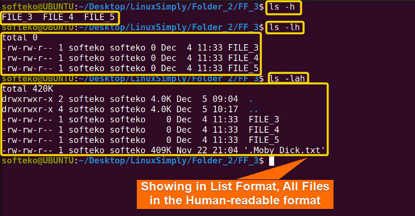 ls -h command in human readable format directory in llinux