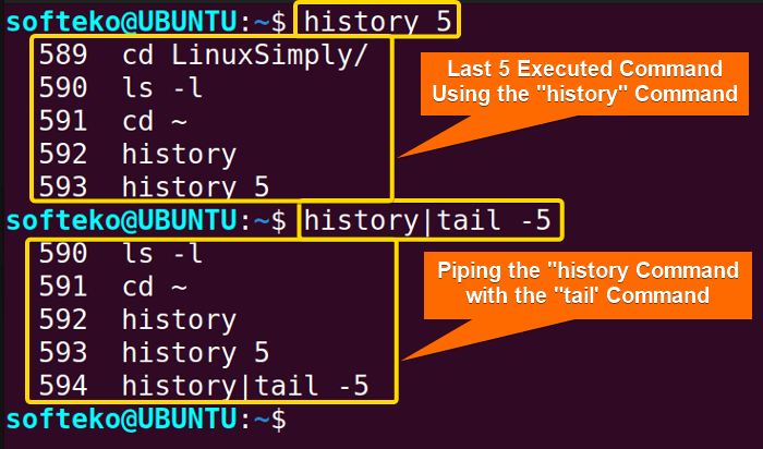 last 5 commands ofhistory in linux