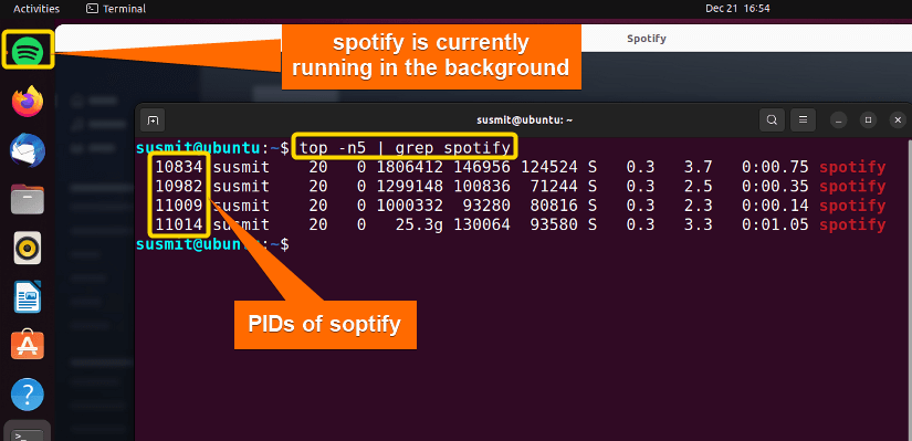 displaying PID of spotify on the terminal using top and grep command