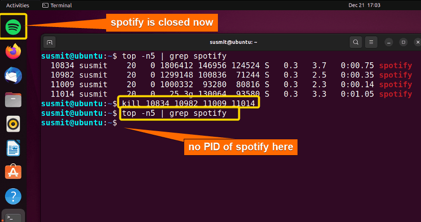terminating firefox by passing PID s of spotify after the kill command. Then printing PID of spotify with kill command. but no PID is printed on the terminal because spotify is closed now.