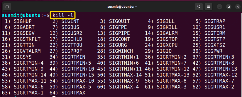 printing the list of available signal to pass with kill command.
