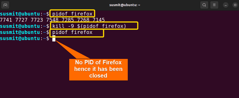 primarily printed all PIDs of firefox, then terminate the firefox with kill command passing -9 as option and PIDs of firefox using dollar sign.
