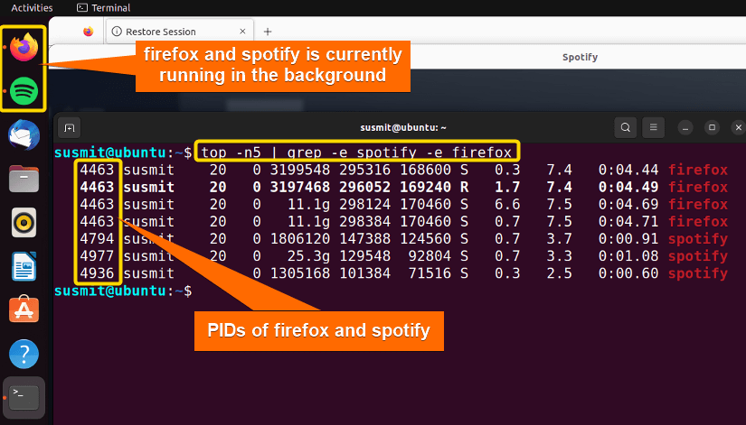 printing the PIDs of spotify and firefox on the terminal using the combination of top and grep command.