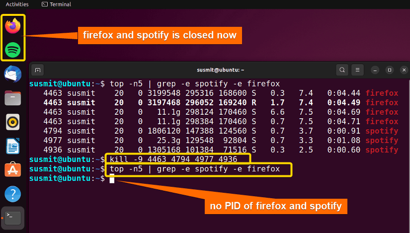 firefox and spotify applications is terminated using kill command passing -9 as options and PIDs of firefox and spotify as argument. then combination of top and grep command is used to print ta PIDs of firefox and spotify but no PID is displayed hence firefox and spotify is closed now.