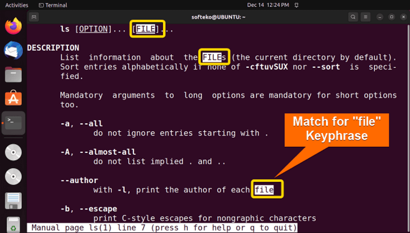 searching for match for man command in linux