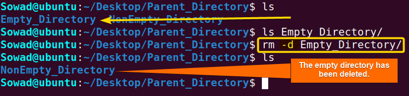 The desired empty directory has been removed by using the rm command in Linux.