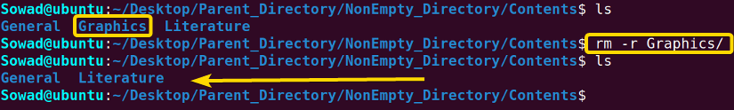 The desired non-empty directory has been removed by using the rm command in Linux.