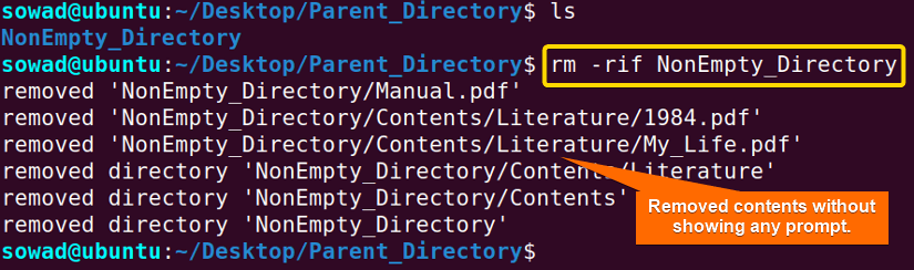 The desired contents have been removed by using the rm command in Linux.