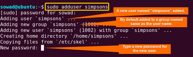 Using the adduser command with sudo to create anew user in Ubuntu.