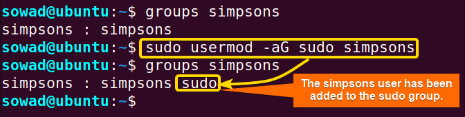 Checking whether the new user has been added to the sudo group.