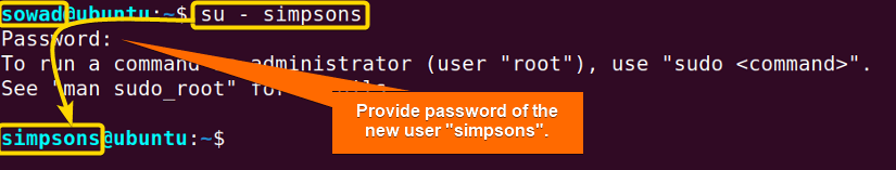 Switching to new the newly created sudo user named "simpsons" in ubunru.