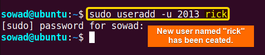 Creating user with specific UID using the useradd command in Ubuntu.