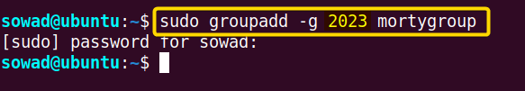 Creating a new group with specific GID using the groupadd command in Ubuntu.