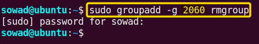 Creating a group with a specific GID 2060 using the groupadd command in Ubuntu.