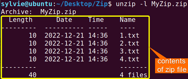 Display the List of Contents of a Zip File Using the “unzip” Command in Linux