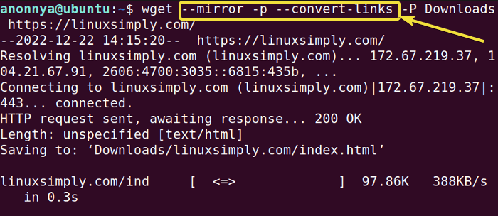 Mirroring a website using wget command.