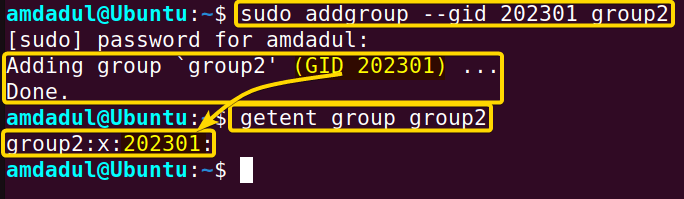 A new group named "group2" has been created with the GID "202301".
